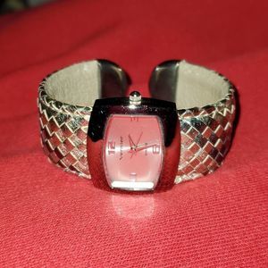 Women's Vernier Cuff Analog Wristwatch Silver Case Woven Silver & Rose Gold Band